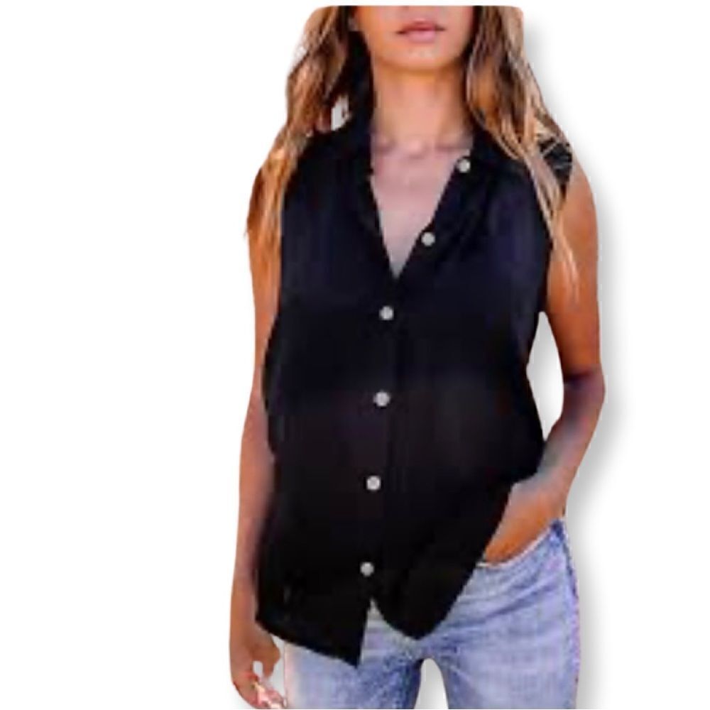 Premise Studio Dark Navy Sleeveless Semi Sheer Top S